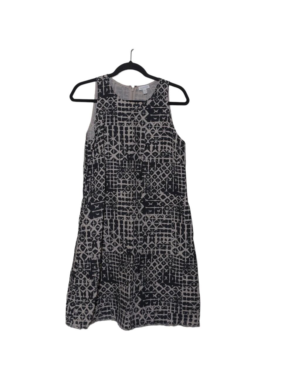 Garnet Hill Linen Fringe Hem A-Line Dress Black Beige Geometric Jewel Neck 6